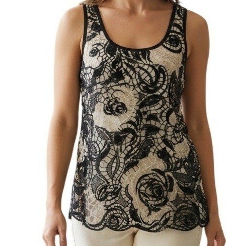 EXPRESS Black and Ecru Crochet Sequin Adorned Scalloped Hem Top EUC Size‎ Small
